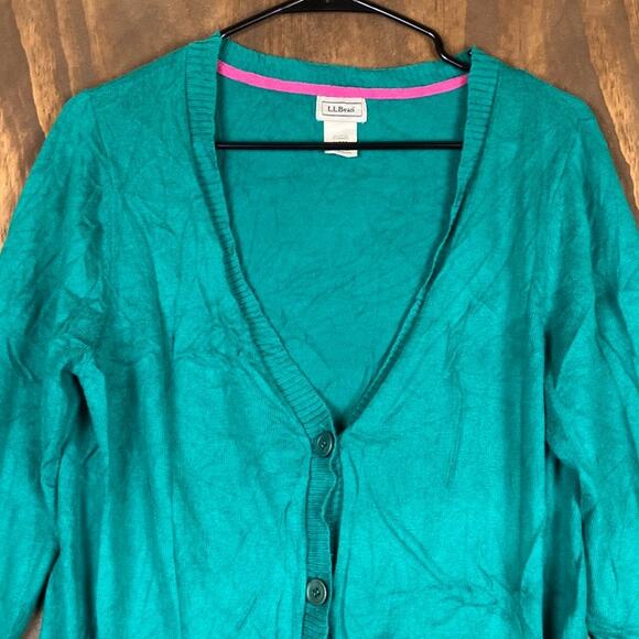 LL Bean Women Sweater Teal Open Cardigan Button Front Pockets Cashmere Blend M - Picture 2 of 11